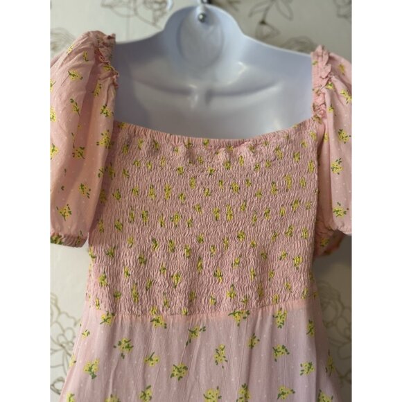 Faithfull the Brand Dress Size 6 Medium Pink Daisy Floral Puff Sleeve  Midi 036 - Picture 5 of 8